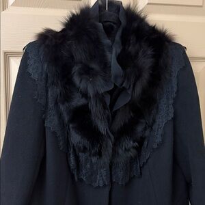 Elegant Black Fur and lace Trimmed 90% wool Women's Coat